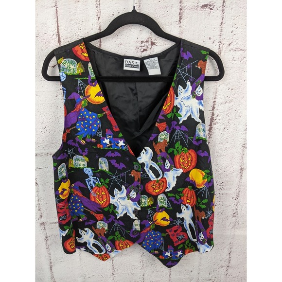 Basic Editions Jackets & Blazers - Basic Editions Womens 1X Halloween Vest Black Multi Pumpkin Ghost Button Up